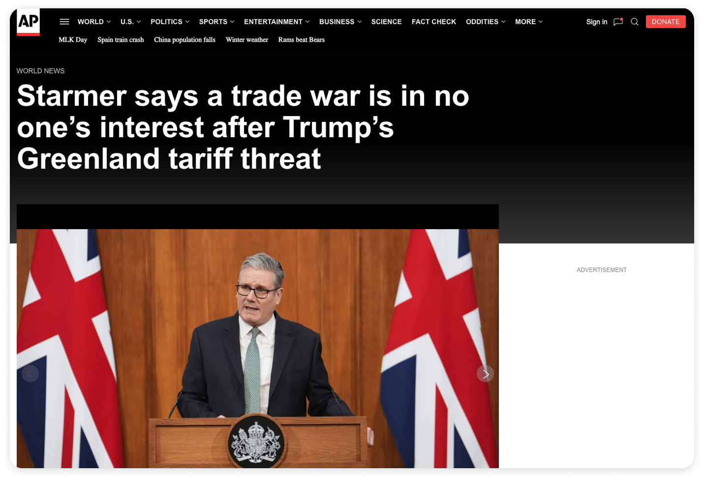 Screenshot of an AP News article showing UK Labour leader Keir Starmer responding to former President Donald Trump’s Greenland tariff threat.